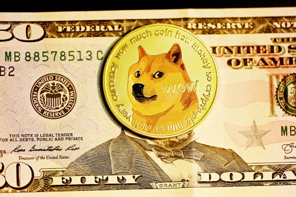 A 'dogecoin', over the head of an American president on a bill