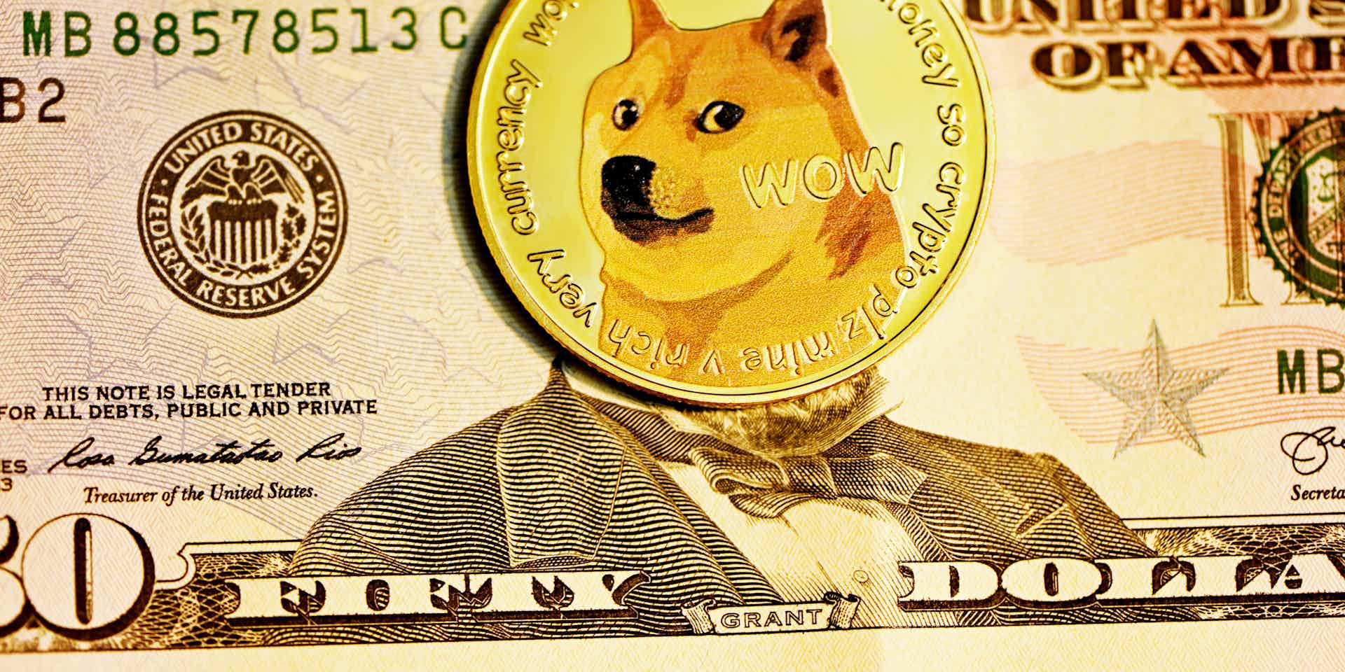 A 'dogecoin', over the head of an American president on a bill