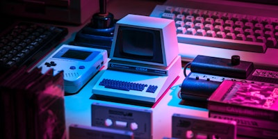 An assortment of vintage gaming memorabilia and consoles