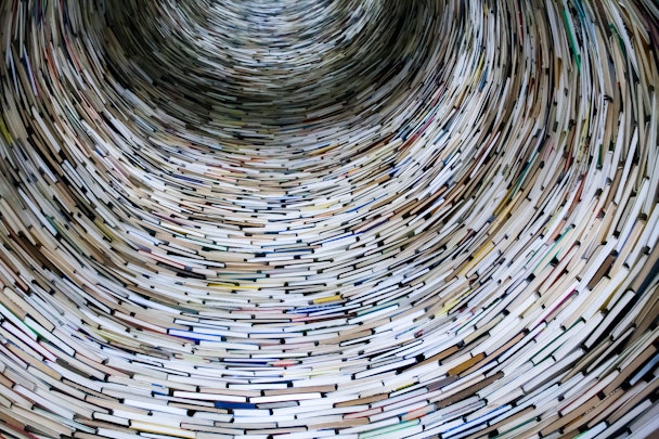 The inside of a cylindrical pile of books