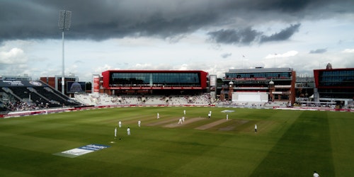 An Englang cricket match, viewed from the pavillion