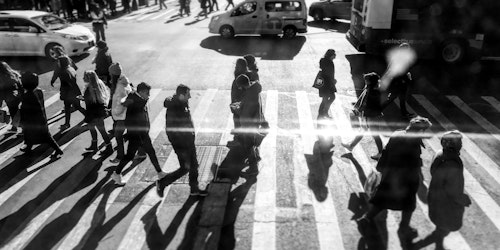 A busy New York street, in black and white