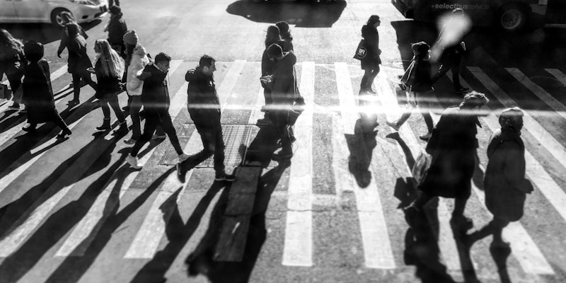 A busy New York street, in black and white