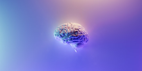 A purple-hued depiction of a glowing brain