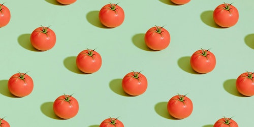 A grid of tomatoes on a colorful background