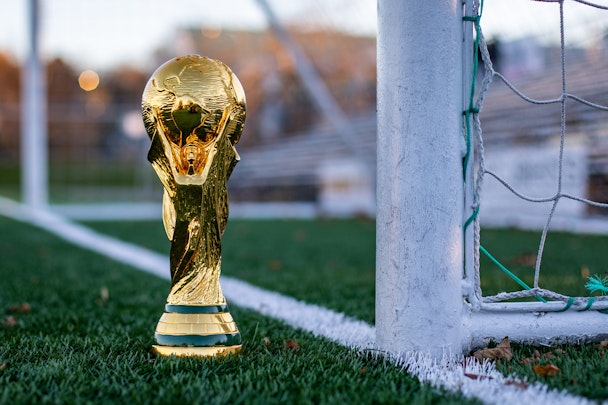 The Fifa World Cup in front of a soccer goal