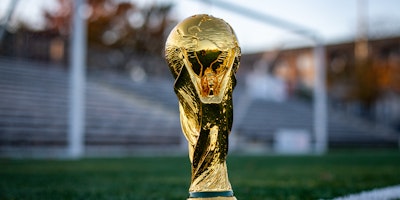 The Fifa World Cup Trophy on a soccer pitch