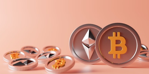 Coins featuring logos of major cryptocurrencies