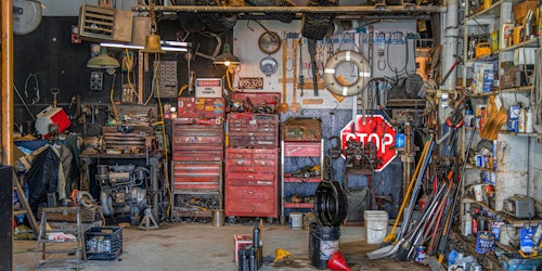 A cluttered home garage