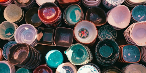 A variety of unique pottery, seen from above
