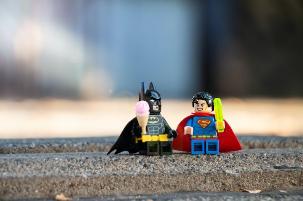 Lego Batman and Superman, enjoying Lego icecreams