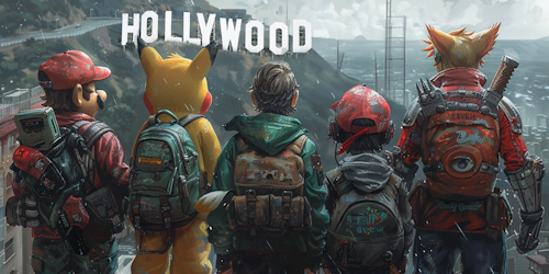 Different game characters look towards the Hollywood sign, as more games are adapted into movies