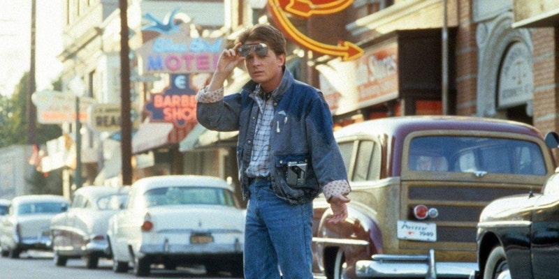 Marty McFly from Back to the Future lowers sunglasses