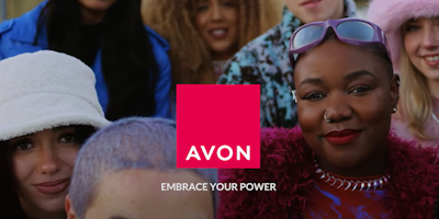 A group of women and Avon's new logo on top 