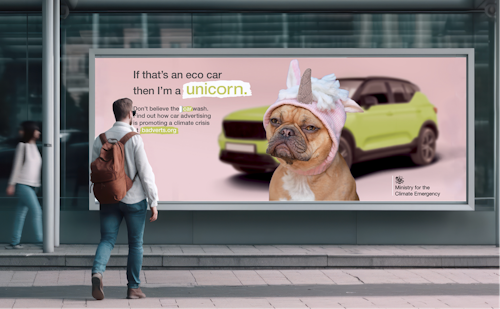 Out of home poster for Badvertising, a dog with a unicorn hat on it