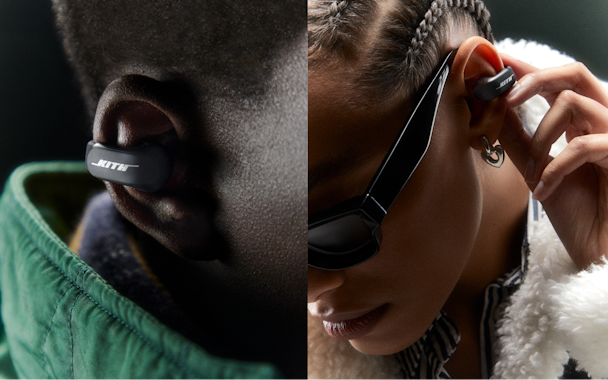 Male and female model wearing Kith x Bose headphones 