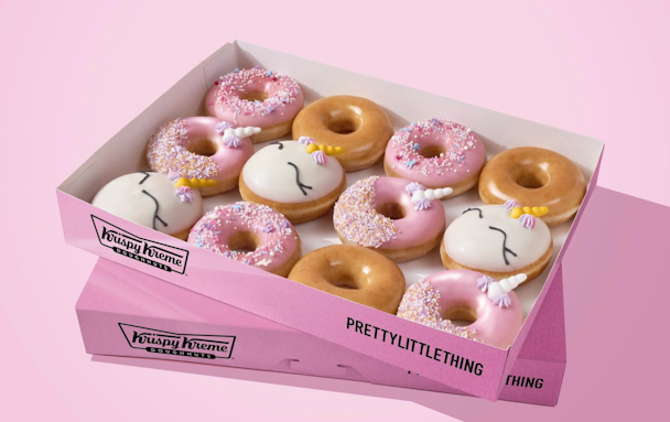 Box of 12 PrettyLittleThing and Krispy Kreme donuts 