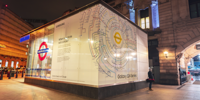 Re-imagined tube map on the side of a station entrance 