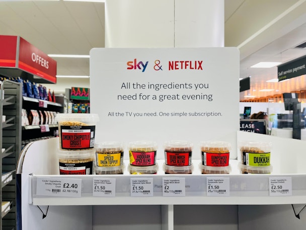 A Sky and Netflix co-branded free-standing display unit in a branch of Waitrose