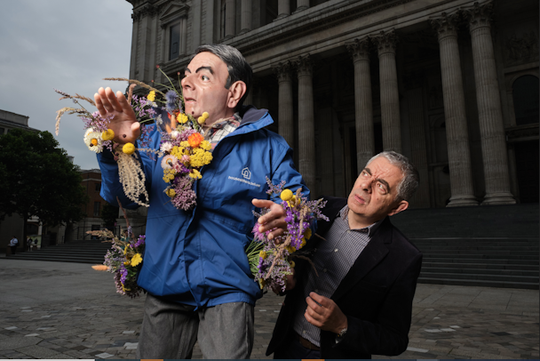 Rowan Atkinson's pollen filled sculptures to raise awareness about endangered bees