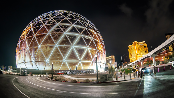 The Sphere in the Venetian Resort, illuminated after dark. (Adobe Stock)