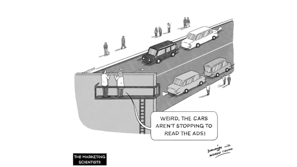 A cartoon showing cars flying by an out of home spot. To the disappointment of marketers. 