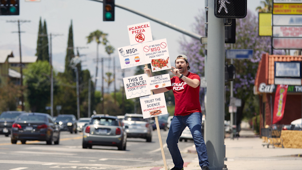 a man picketing against msg in the street