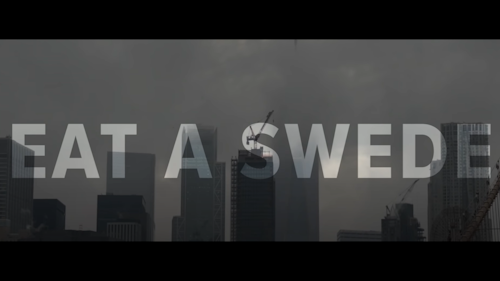 'eat a swede' title card with skyline in background