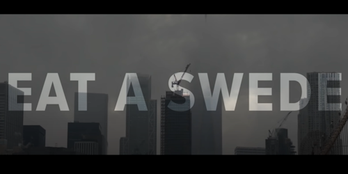 'eat a swede' title card with skyline in background