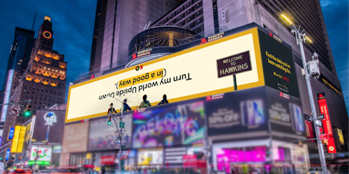 bumble billboard that says "turn my world upside down (in a good way)"