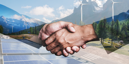 hand shake with trees and windmills