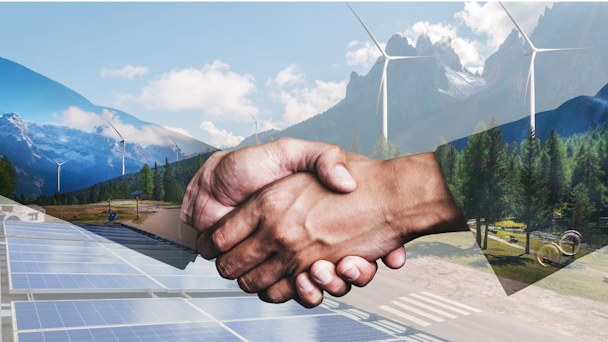 hand shake with trees and windmills