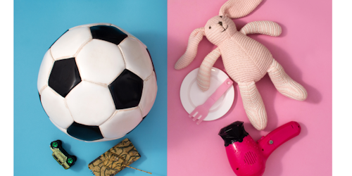 pink doll; blue soccer ball