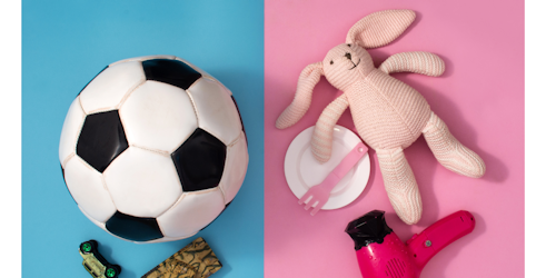pink doll; blue soccer ball