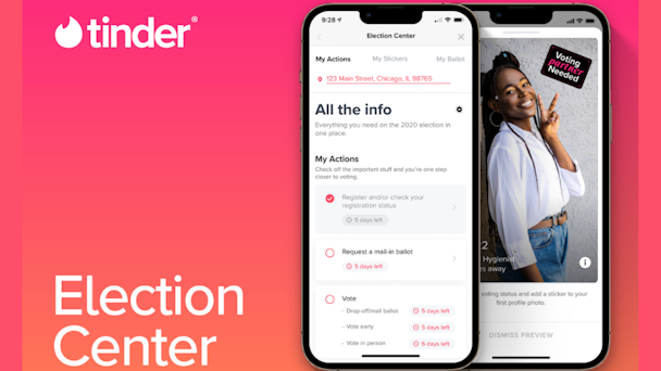 tinder title card that says "election center"
