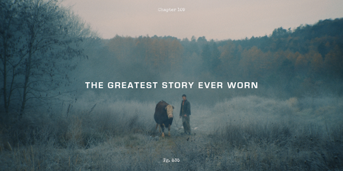 title card that says "the greatest story ever worn" with a cow and man in the background