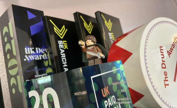 Lego man among awards on shelf