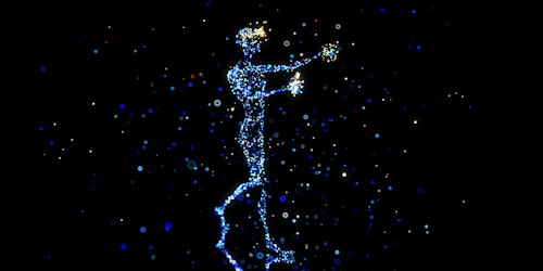 Person made up of blue stars on a black background