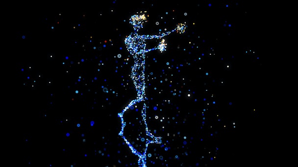 Person made up of blue stars on a black background