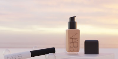 Nars cosmetic products against dreamy backdrop, created in Blender
