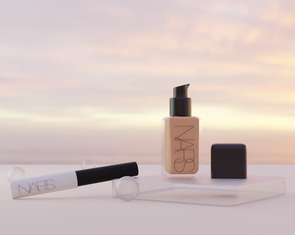 Nars cosmetic products against dreamy backdrop, created in Blender