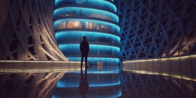 Man looking up at blue, lit-up building