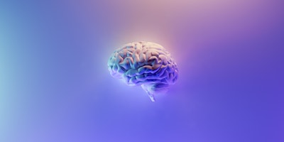 Computer generated image of human brain on purple background