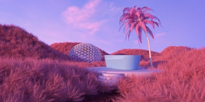3D render of palm tree next to dome building under purple sky