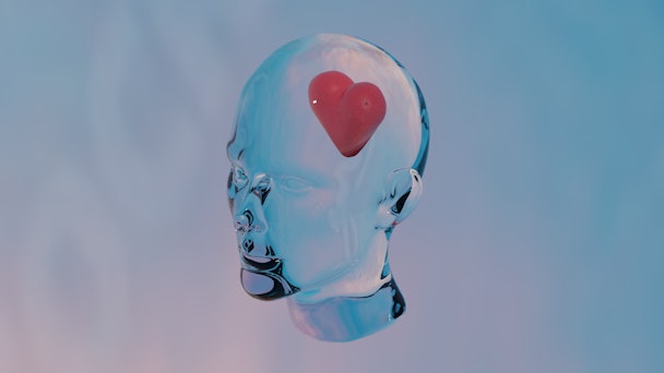 3D render of glass head with red heart inside