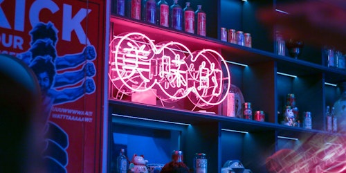 Neon shop signage in Bandung, Indonesia