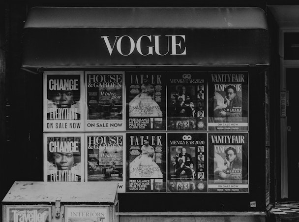 Black and white image of magazine stand