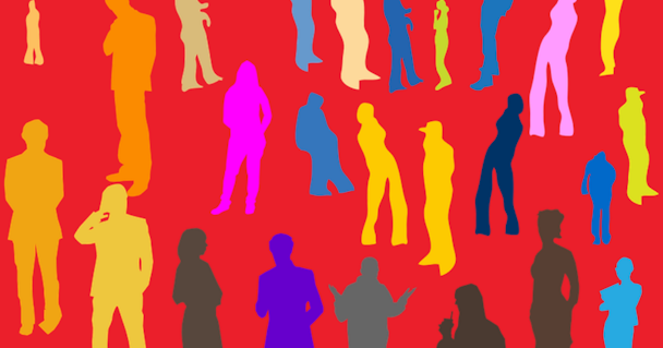 Silhouettes of people against red background 