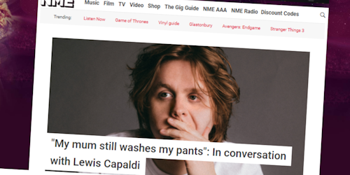 Lewis Capaldi on the homepage of the NME website