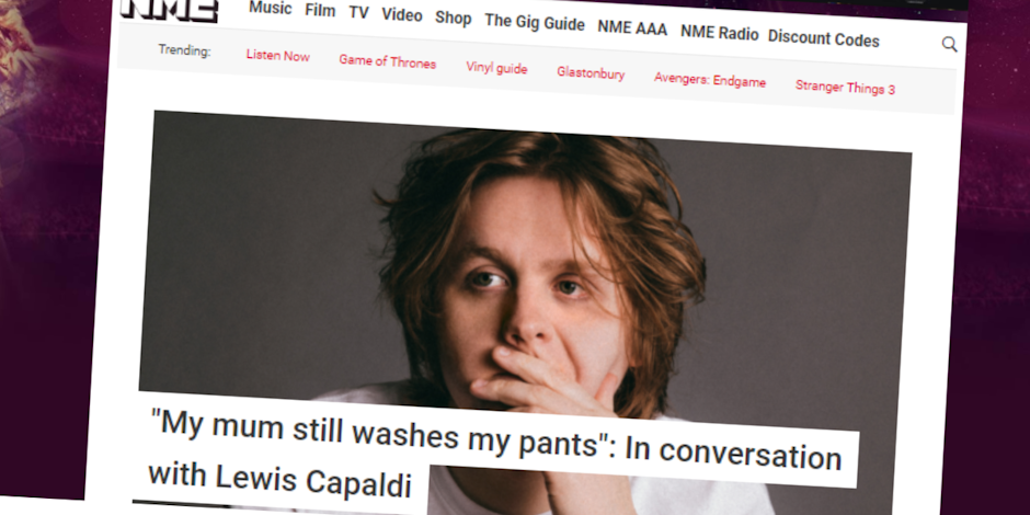 Lewis Capaldi on the homepage of the NME website